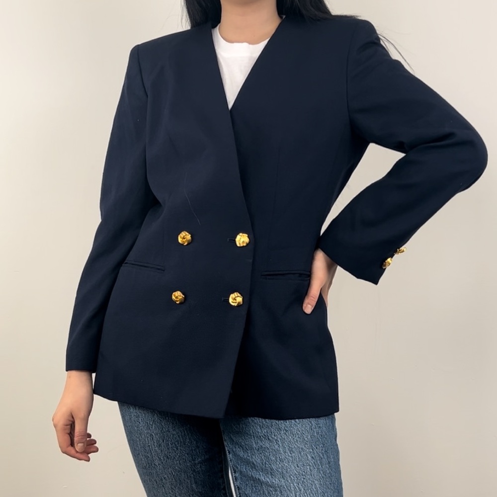 Vintage Kasper Navy Collarless Double Breasted Blazer
